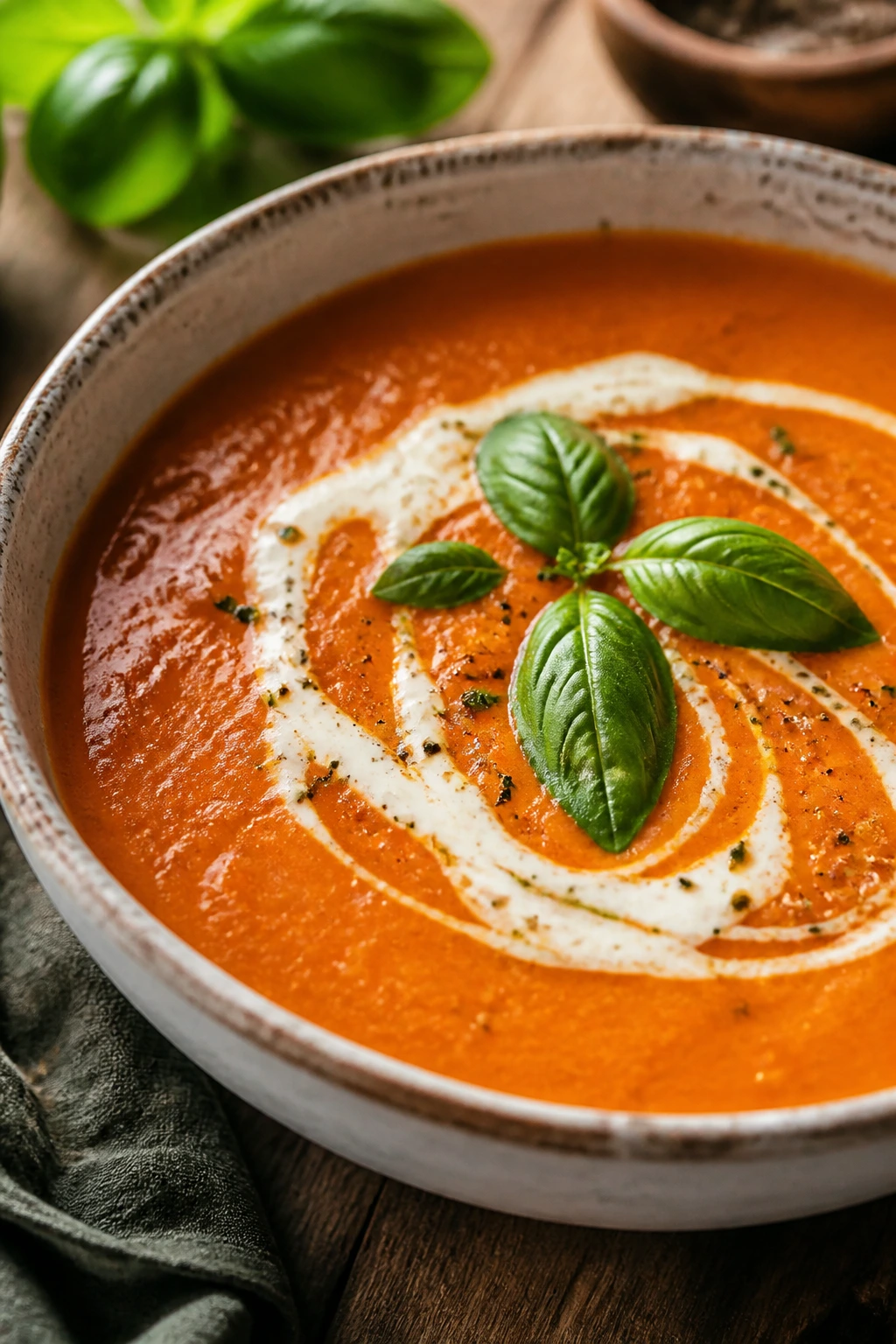 Creamy tomato basil soup with cream swirl and basil leaves.