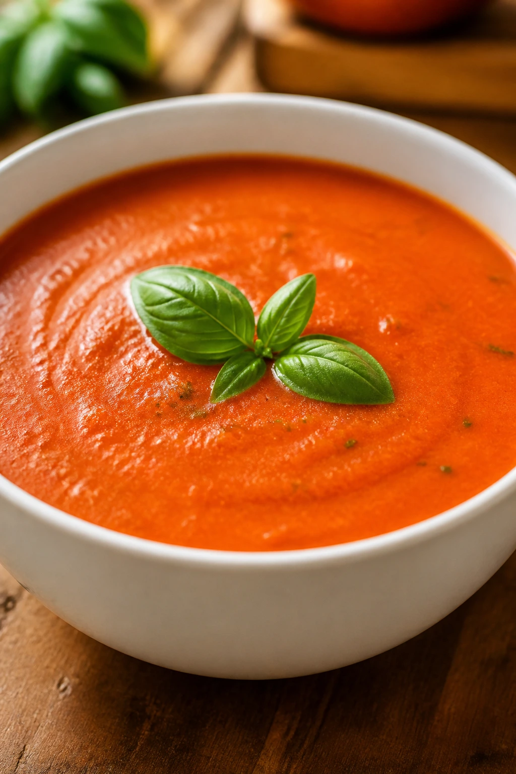 Glossy tomato basil soup in a bowl with basil leaves