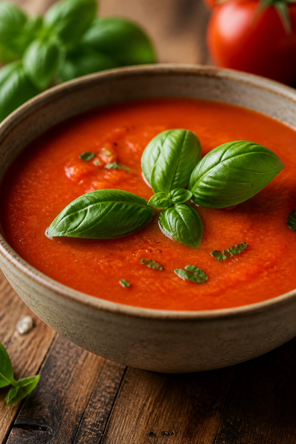 Bright tomato basil soup in a bowl with basil garnish