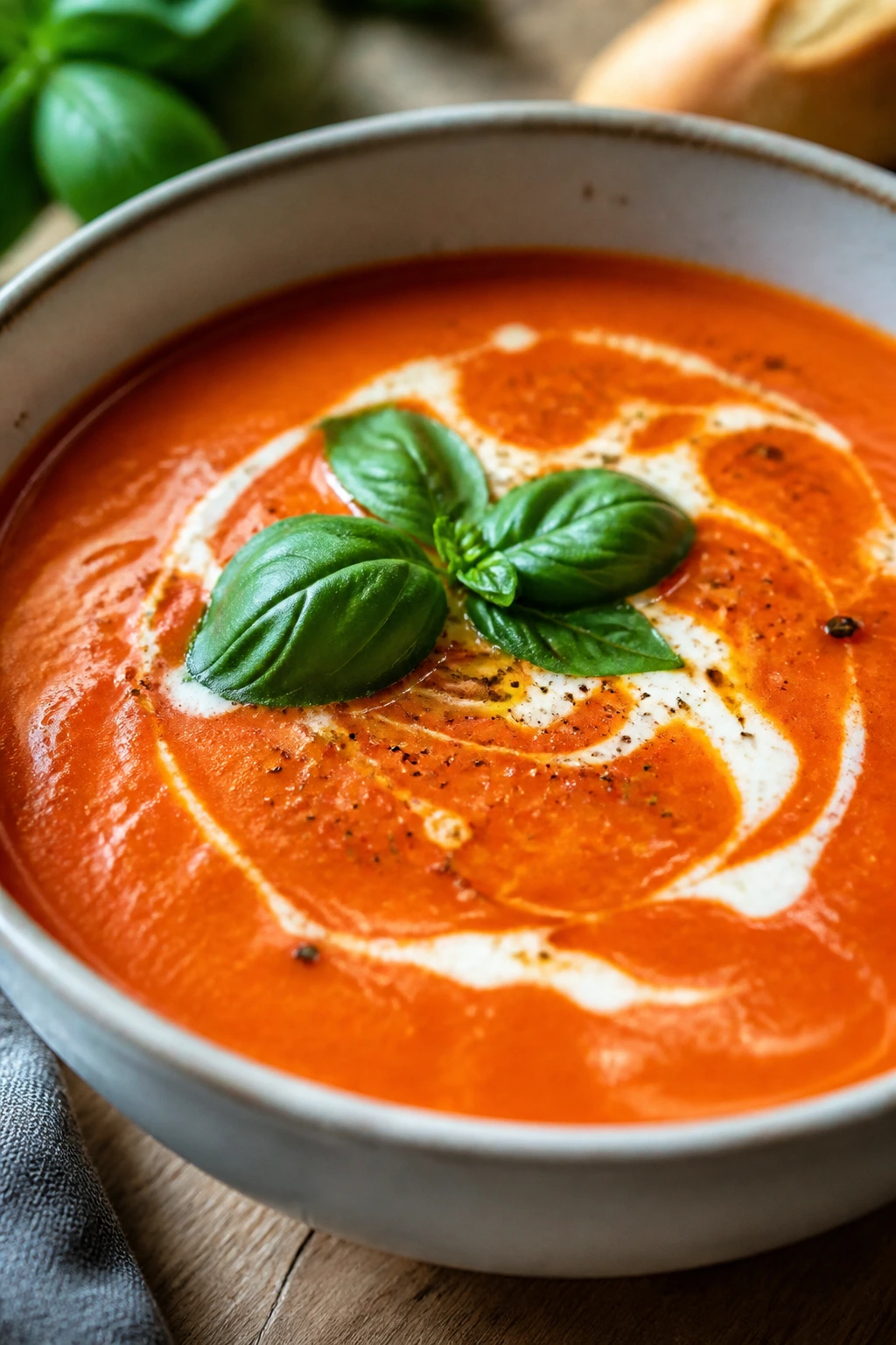 Bright red tomato basil soup with cream swirl and basil
