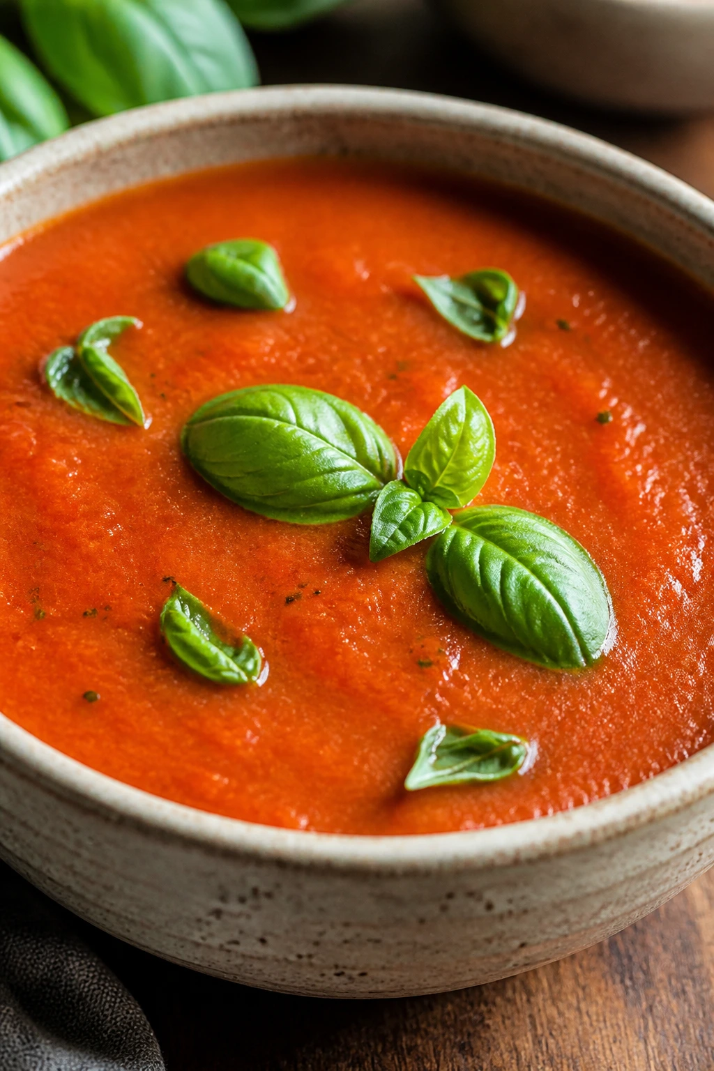 Tomato basil soup in a bowl with basil garnish