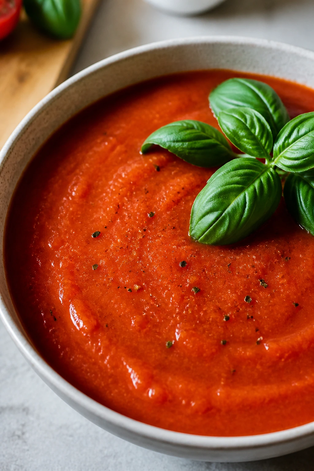 Close-up of roasted tomato basil soup in a bowl