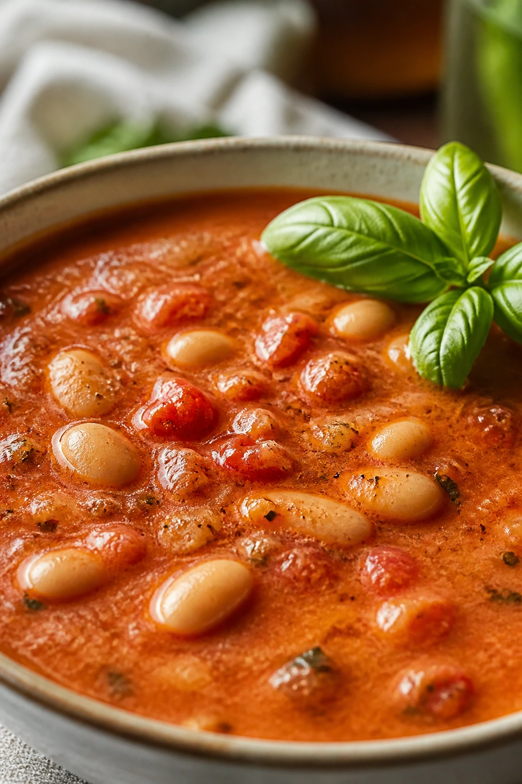 Creamy tomato basil soup with cannellini beans in a bowl