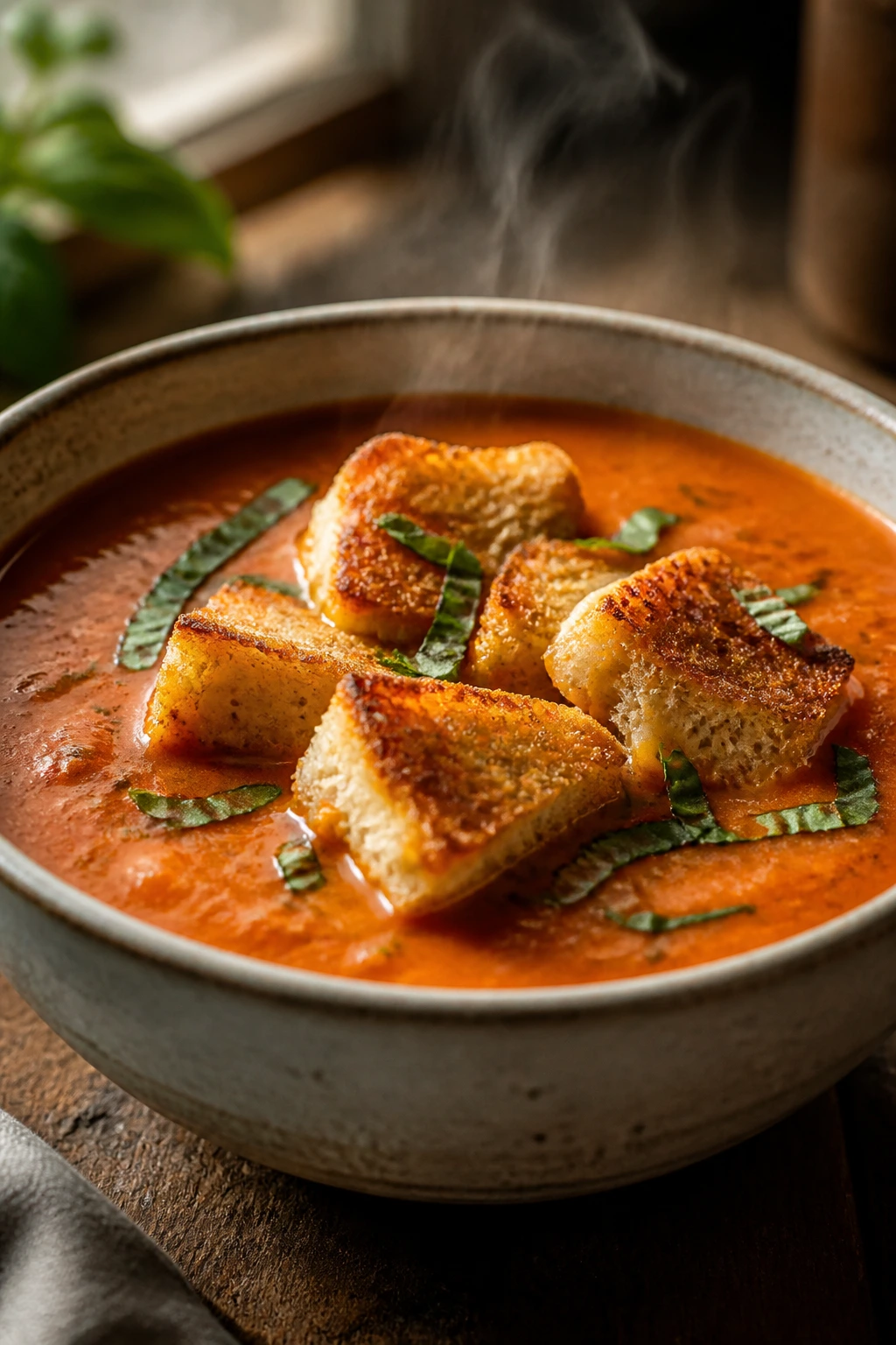 Creamy tomato basil soup with grilled cheese croutons in a bowl