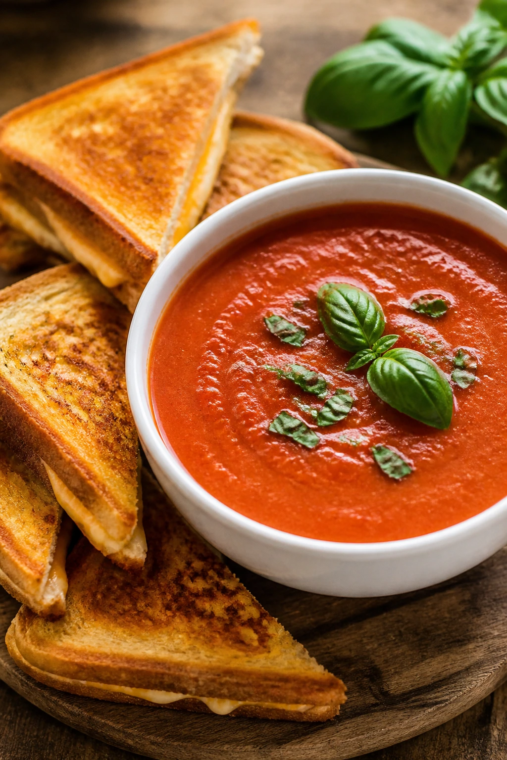 Tomato basil soup with grilled cheese triangles in a cozy kitchen setting