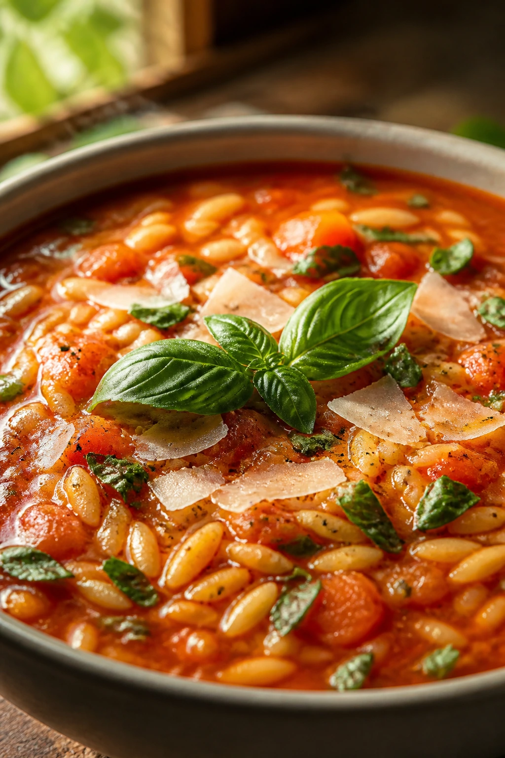 Close-up of tomato basil soup with orzo and parmesan in a rustic kitchen
