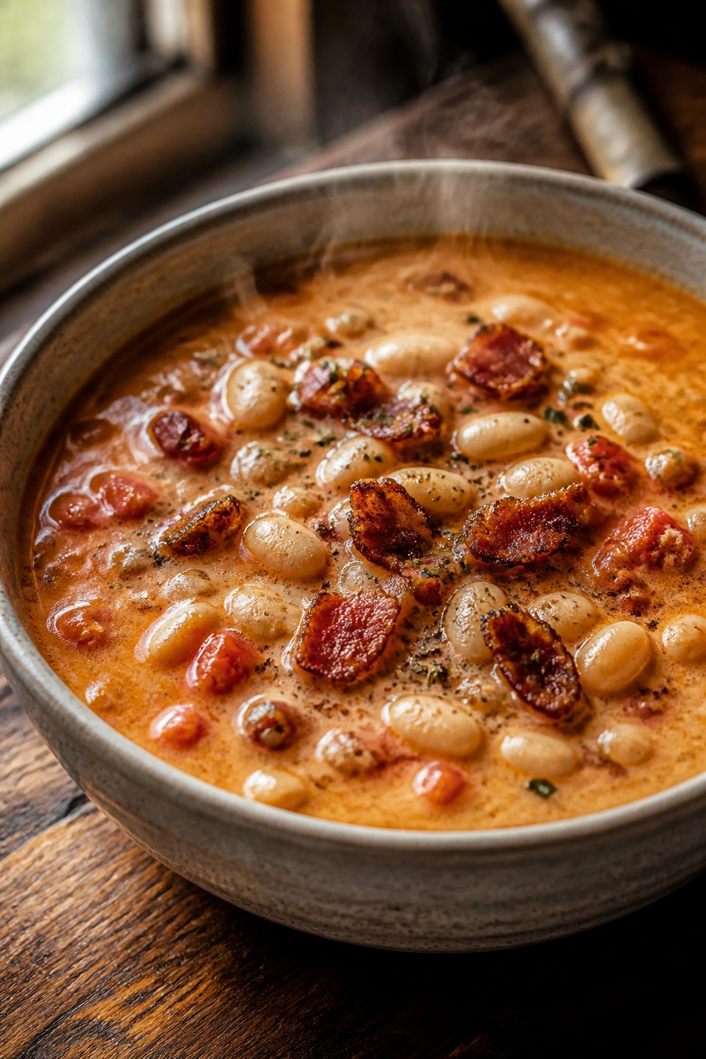 Close-up of Tomato, Bean, and Bacon Chowder in a steaming bowl with beans, tomatoes, and bacon