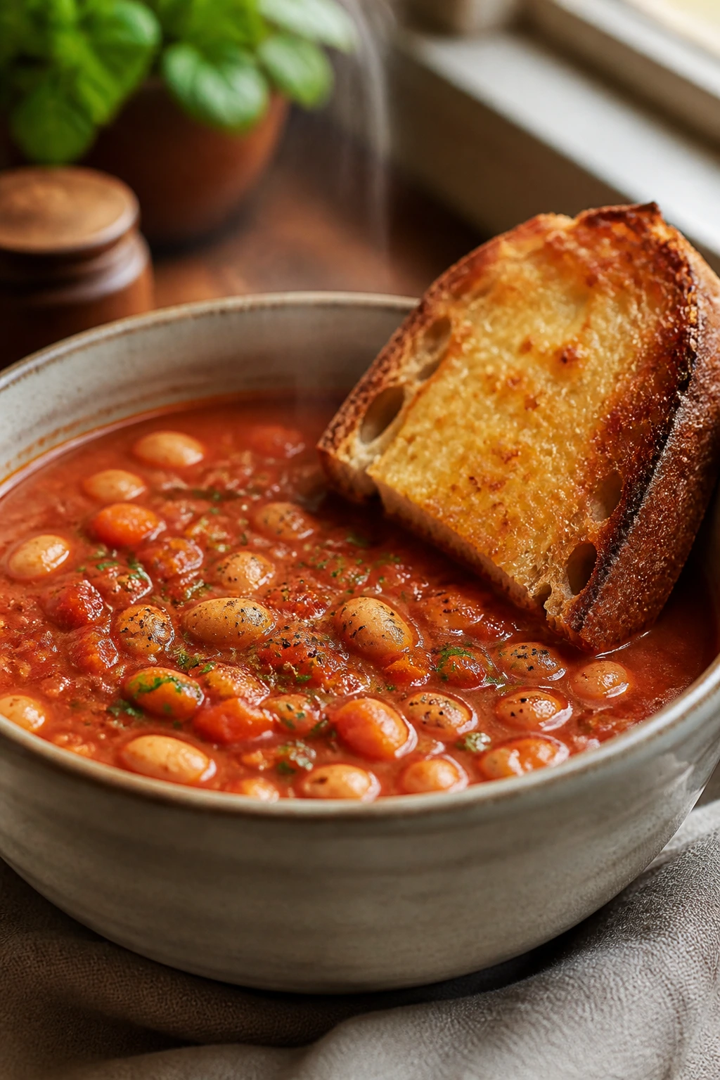Close-up of tomato bean soup with parmesan toast and steam