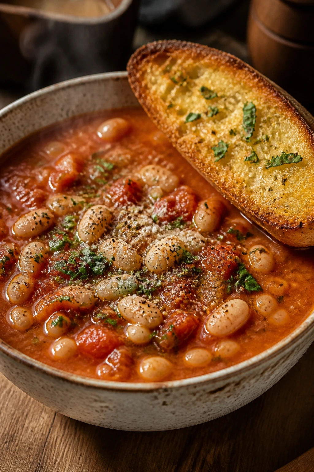 Tomato white bean soup with parmesan toast
