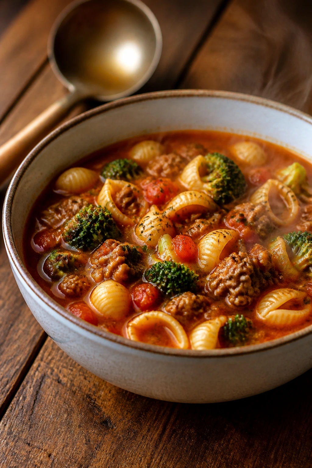 Close-up of hamburger broccoli tomato shell soup in a steaming bowl