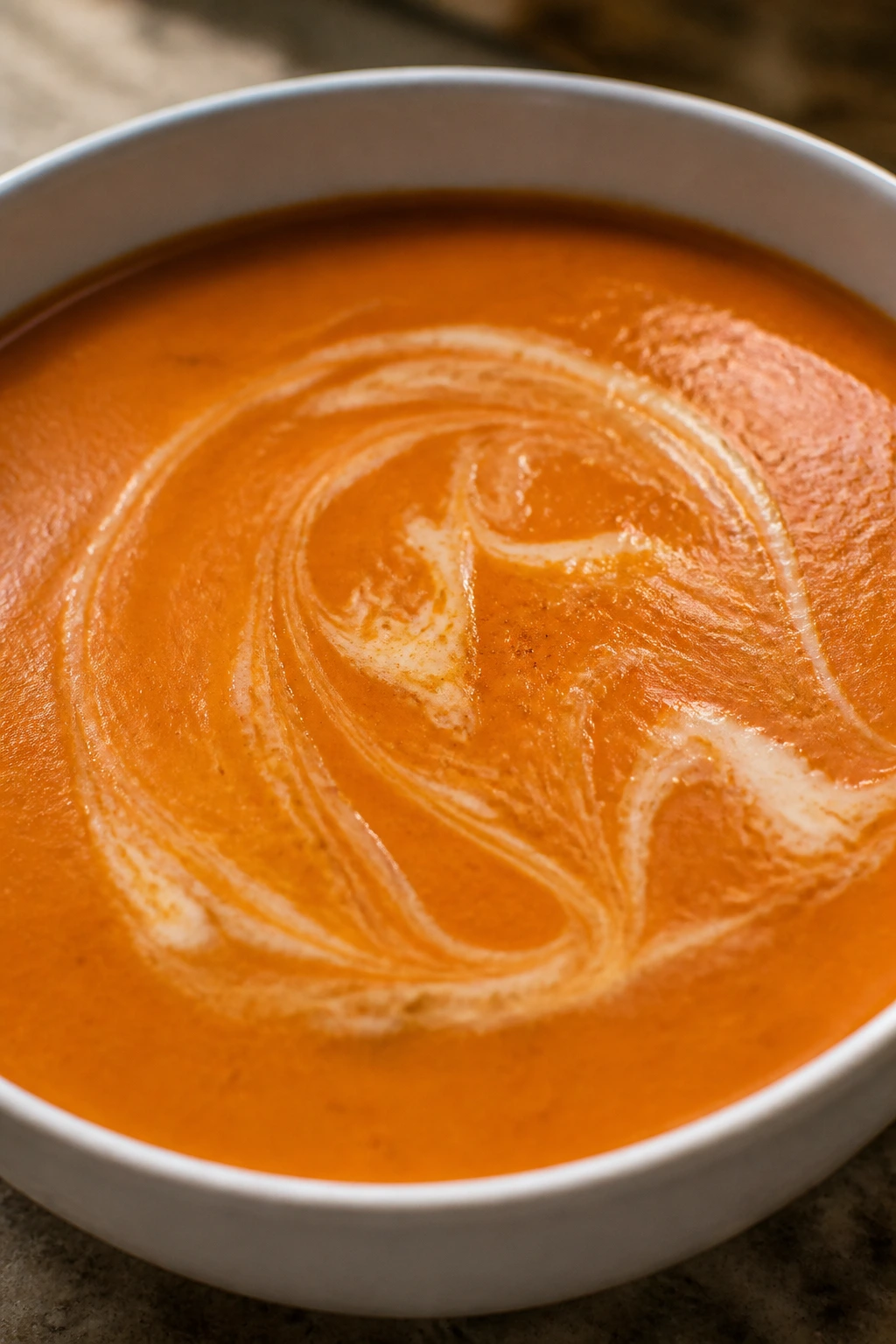 Silky tomato bisque with sherry in a bowl