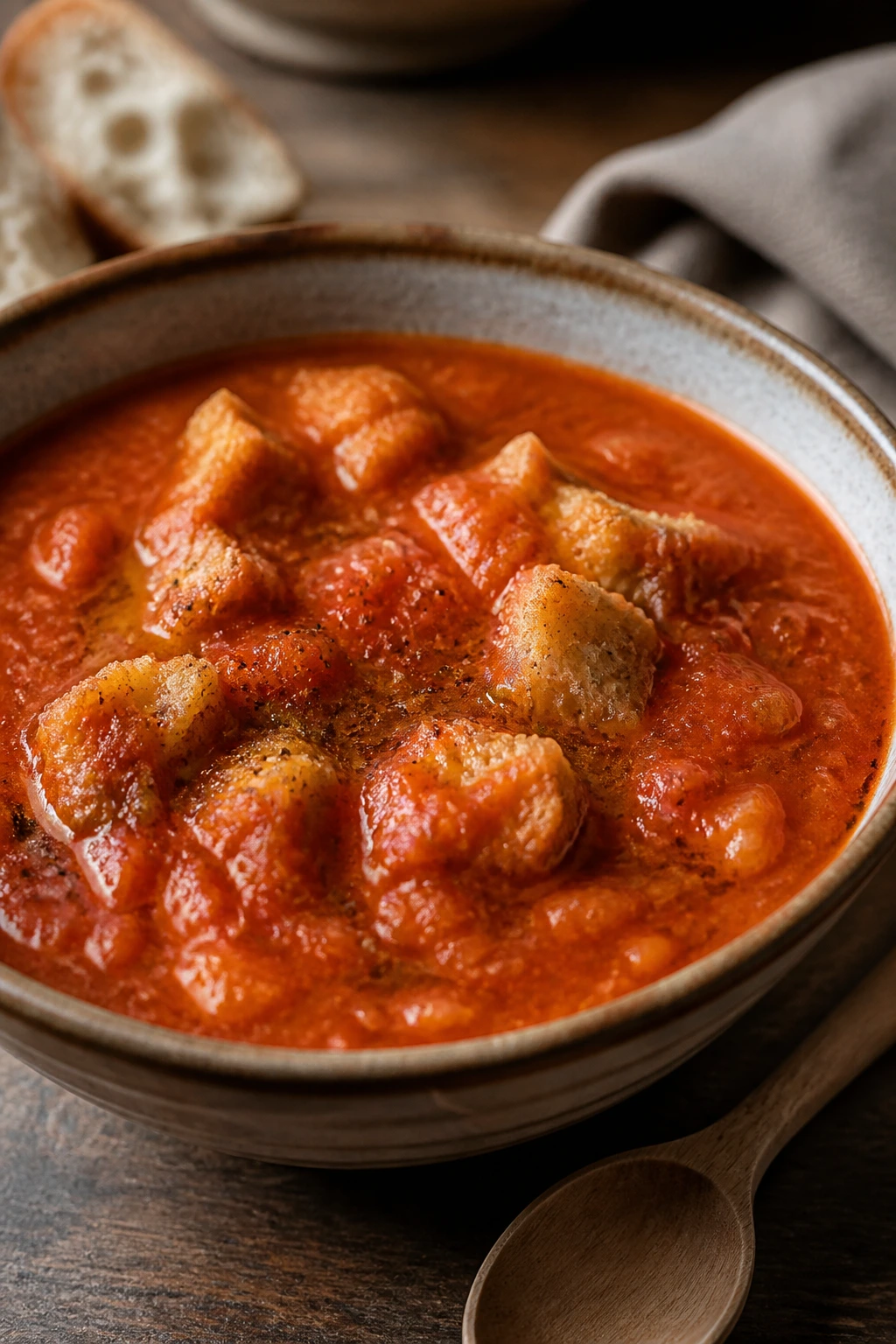 Thick rustic tomato bread soup with torn bread chunks in a ceramic bowl.
