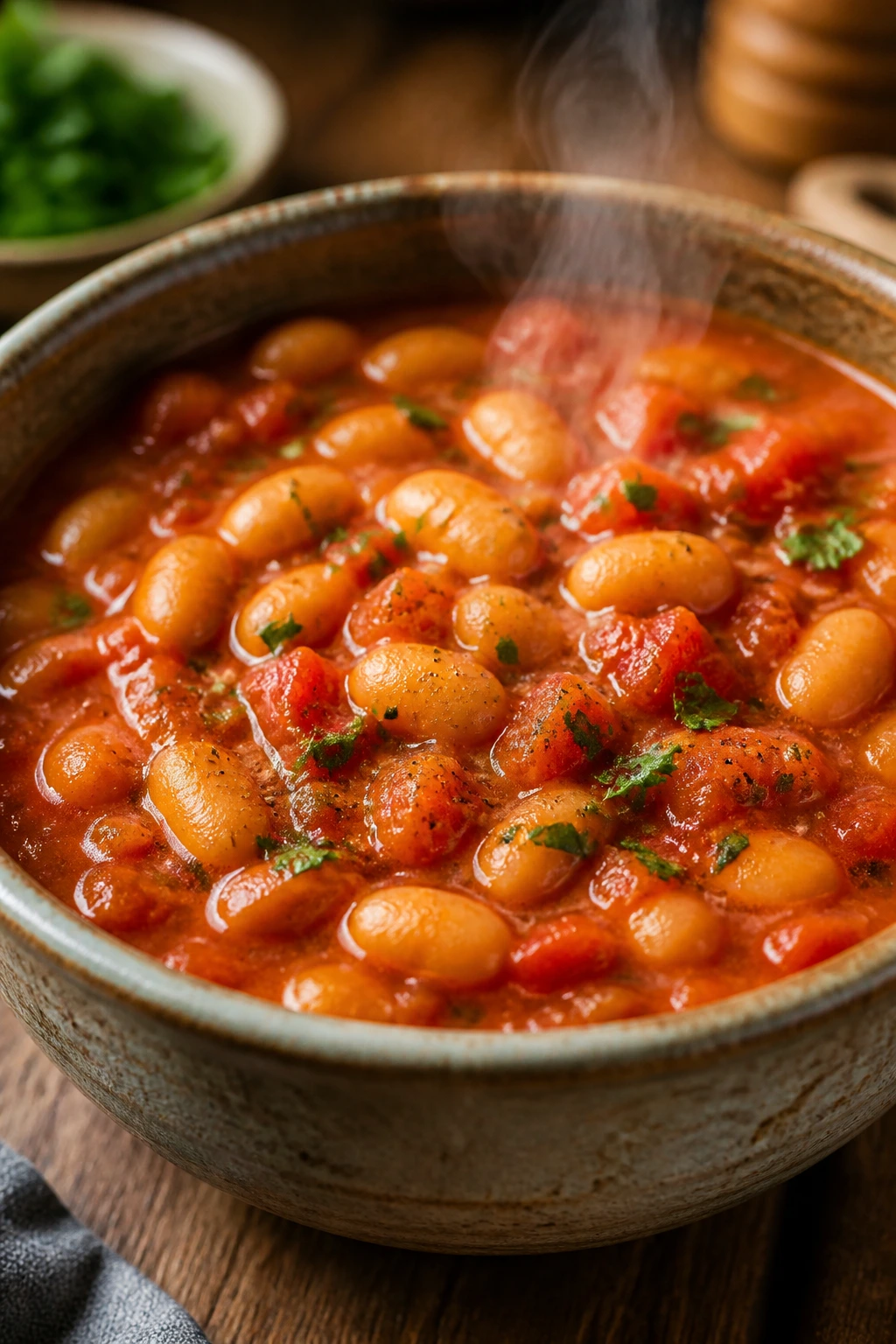 Rustic bowl of tomato and butter bean stew with steam