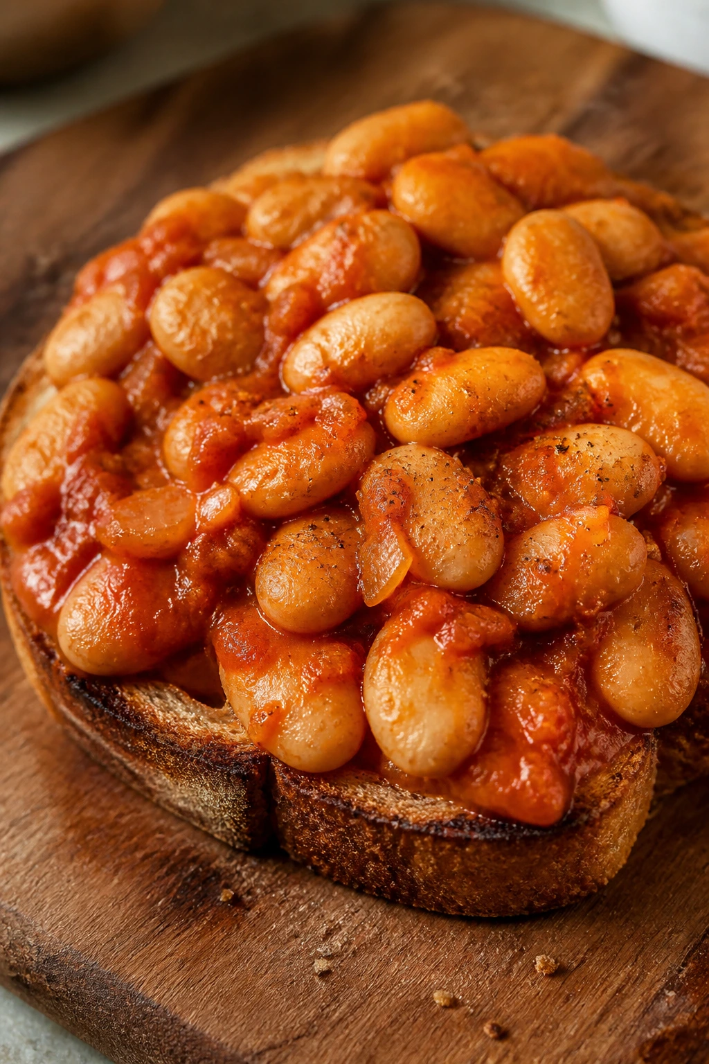 Close-up of tomato butter beans on toast on a wooden board