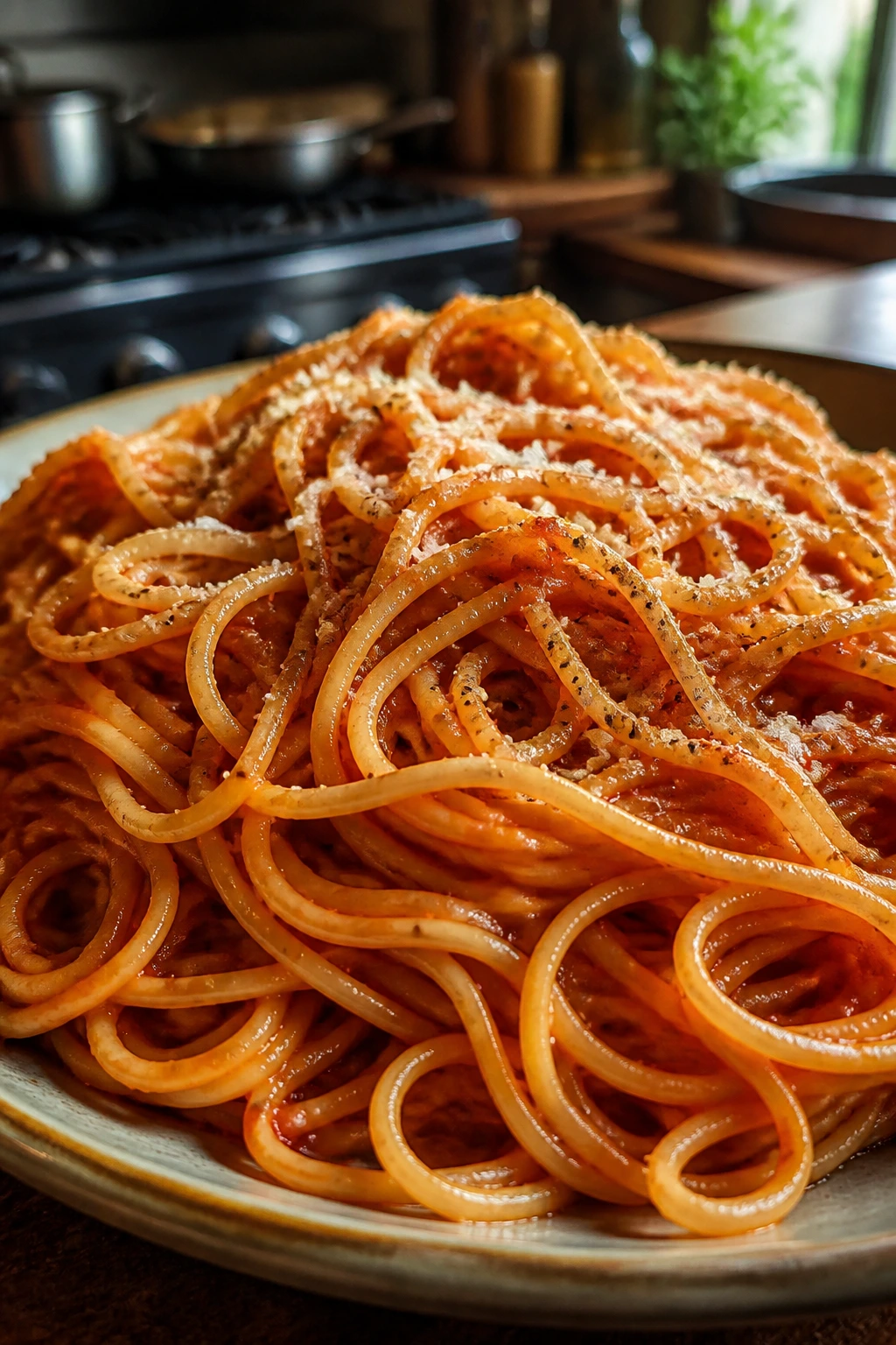 Close-up of tomato butter pasta on a plate with parmesan