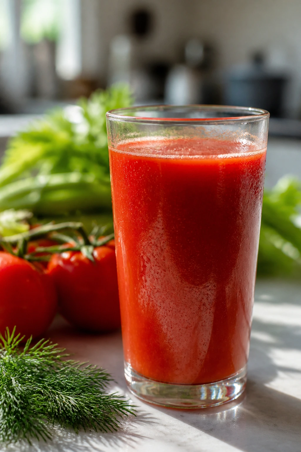 Deep red tomato celery dill juice in a glass