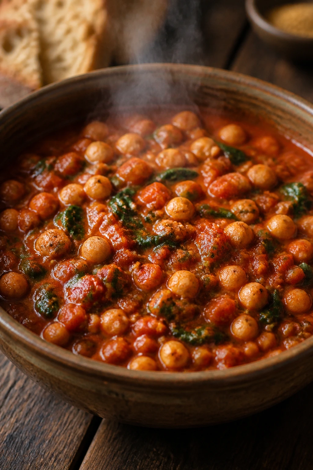 Rustic bowl of tomato chickpea stew with spinach