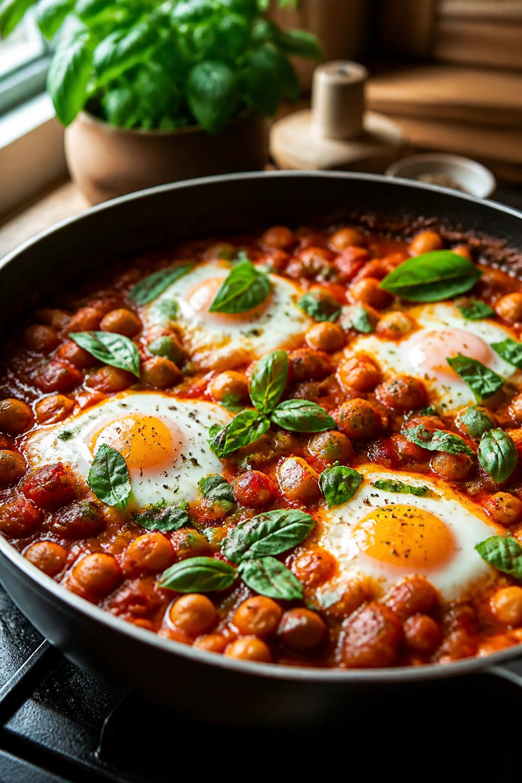 Skillet shakshuka with tomatoes, chickpeas, eggs, and basil