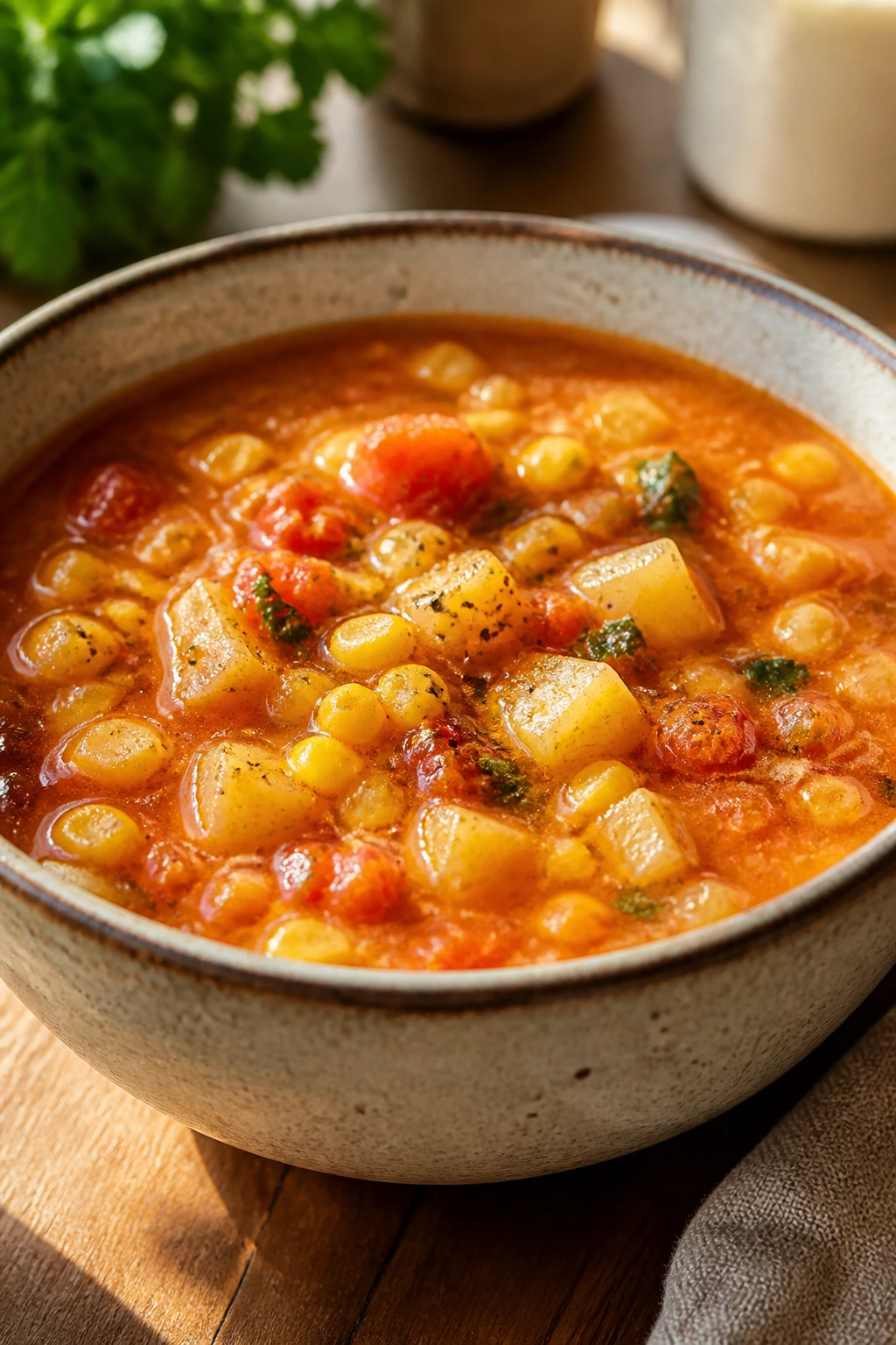Bright tomato corn chowder in a rustic bowl with potatoes and corn