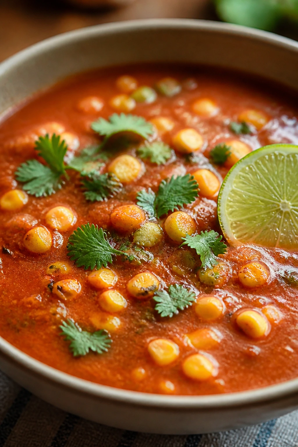 Tomato soup with corn and cilantro in a bowl