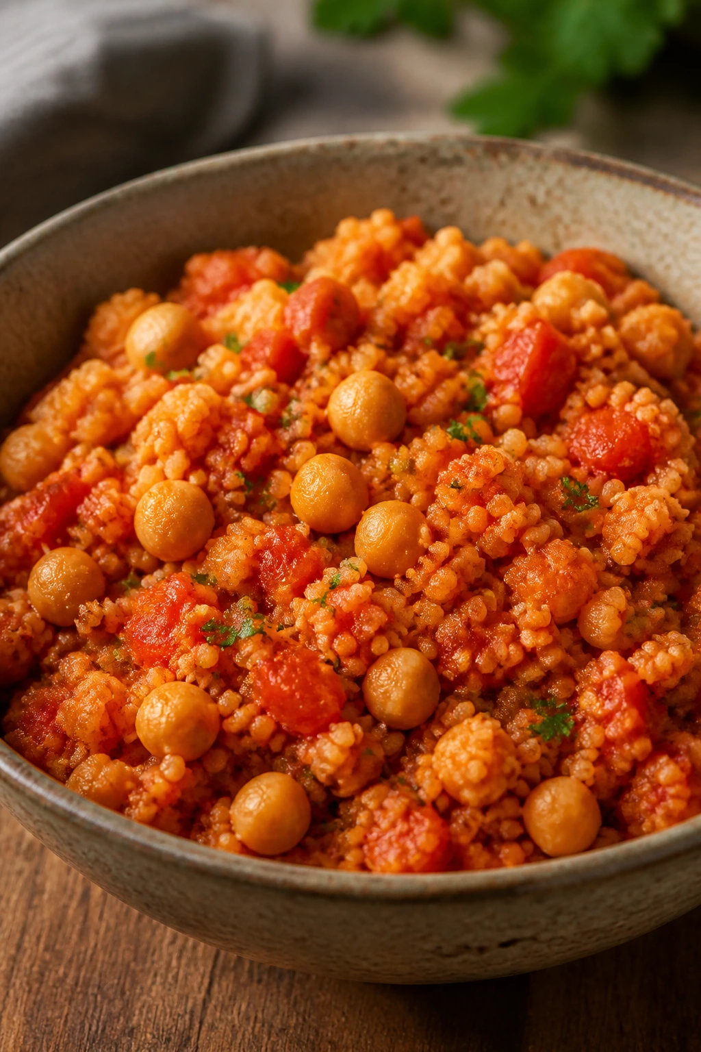 Tomato couscous with chickpeas in a rustic bowl