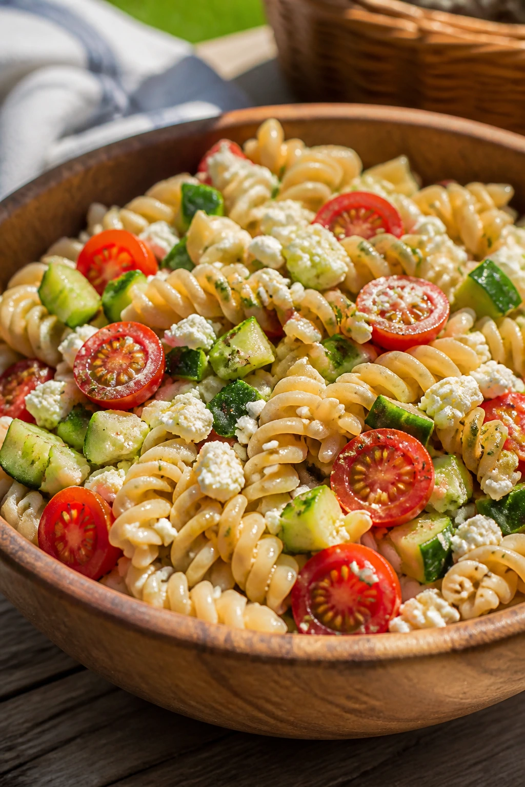 Close-up of tomato-cucumber feta pasta salad in a bowl at a picnic
