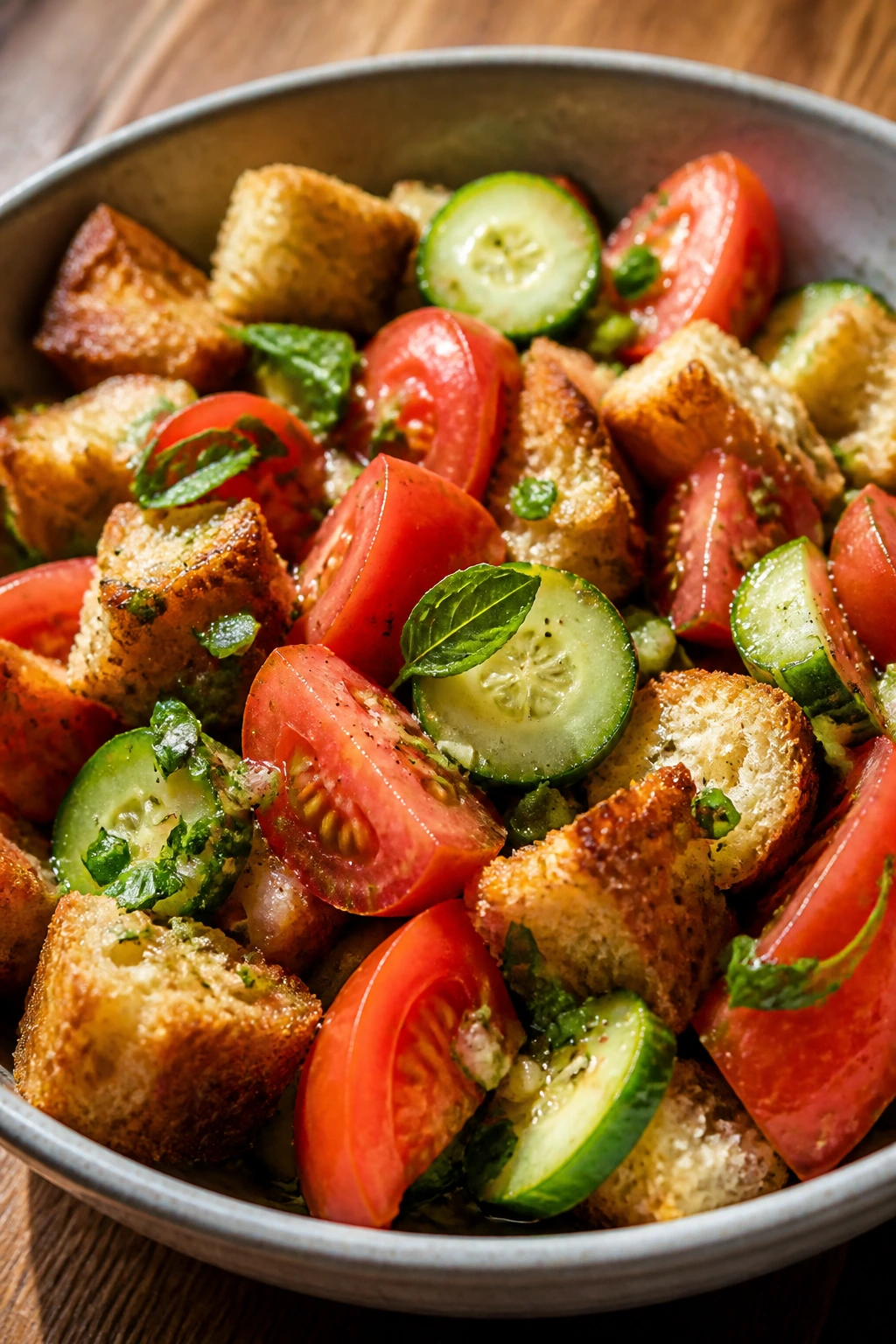 Tomato, cucumber and herbs salad with croutons in a bowl