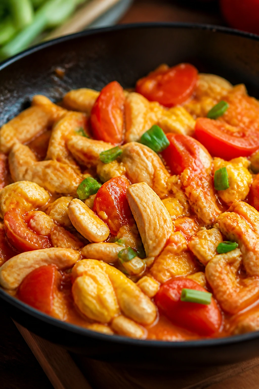 Close-up of tomato egg chicken stir-fry in a glossy sauce.