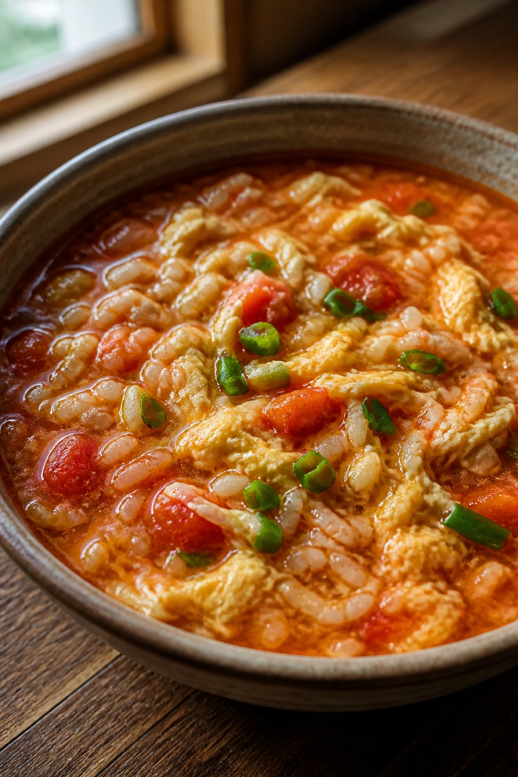 Close-up of tomato egg drop soup with rice in a bowl