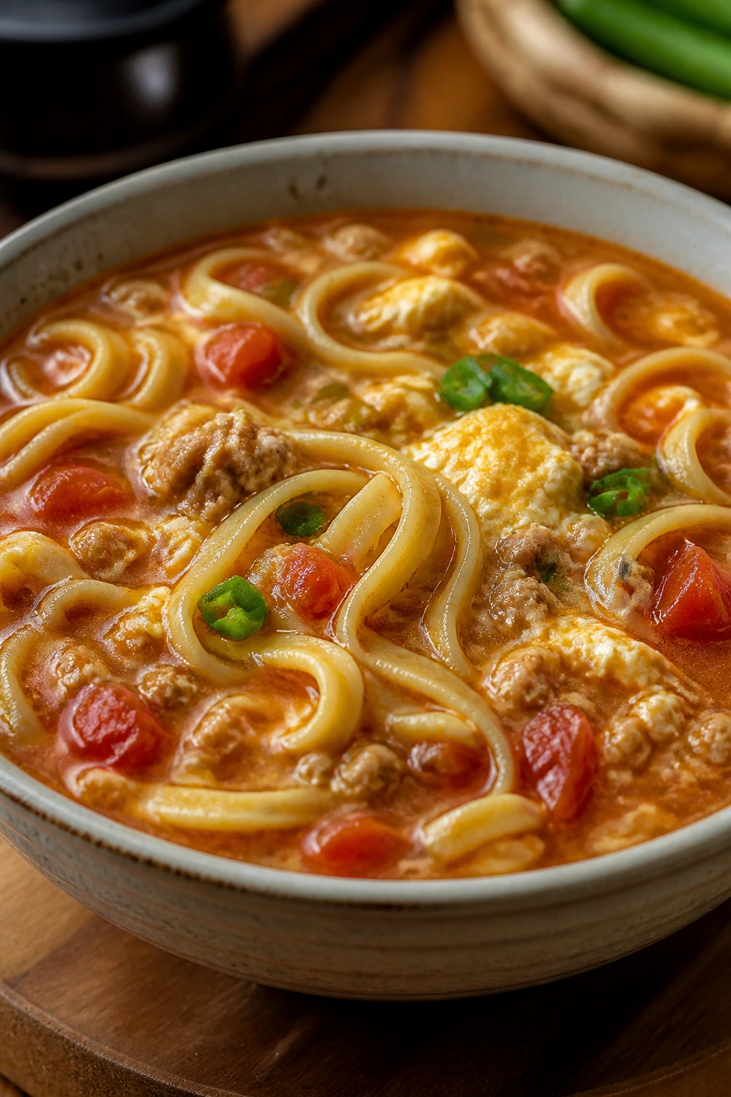 Close-up of Tomato Egg Noodles with Ground Pork in a rich tomato broth.