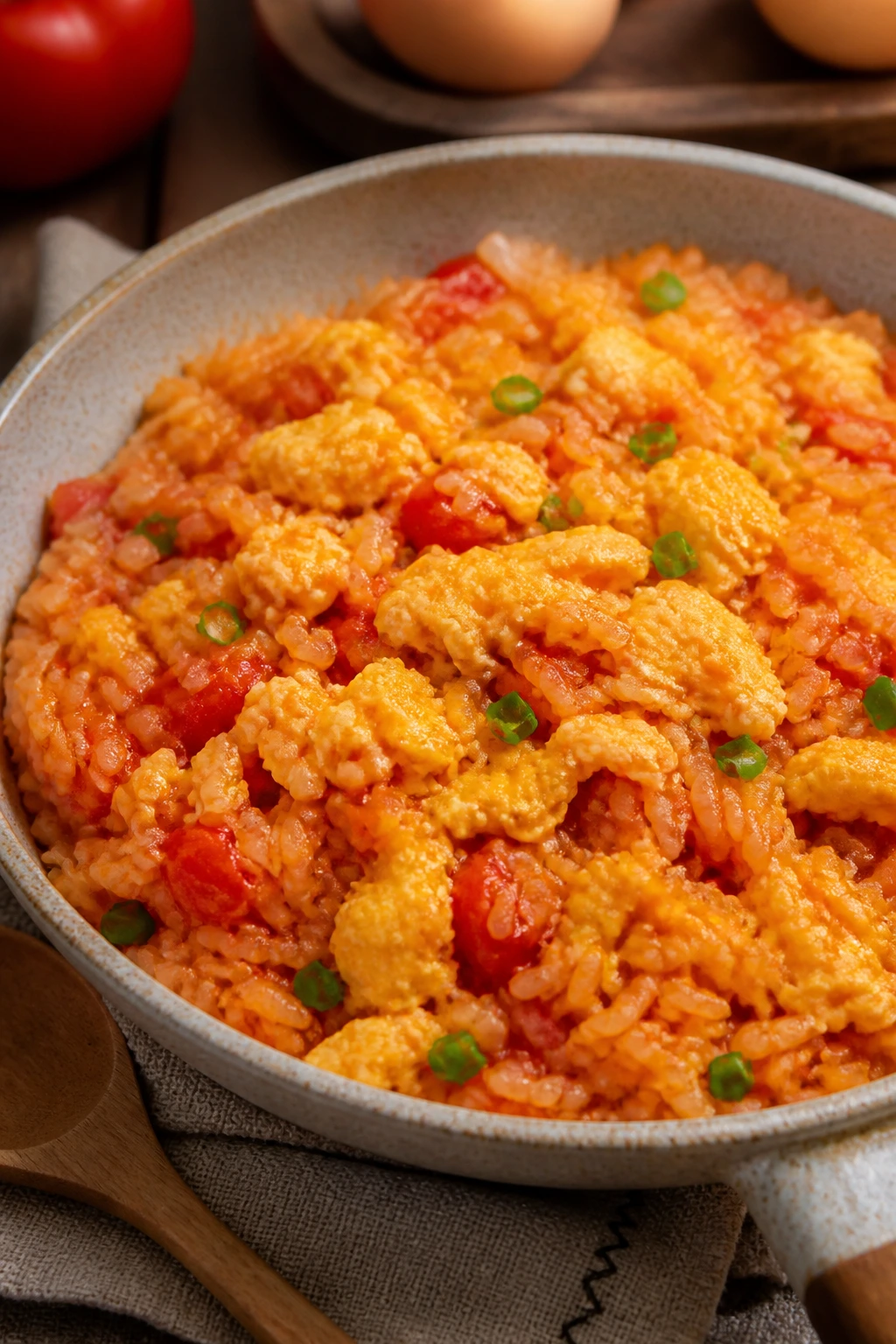 Tomato egg rice close-up in a kitchen