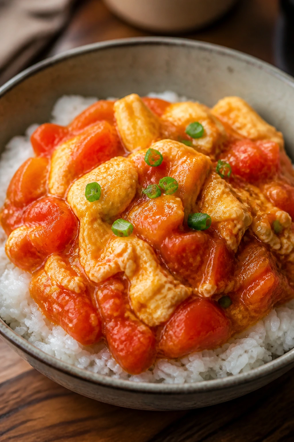 Tomato egg stir-fry over rice in a bowl, vibrant sauce on top