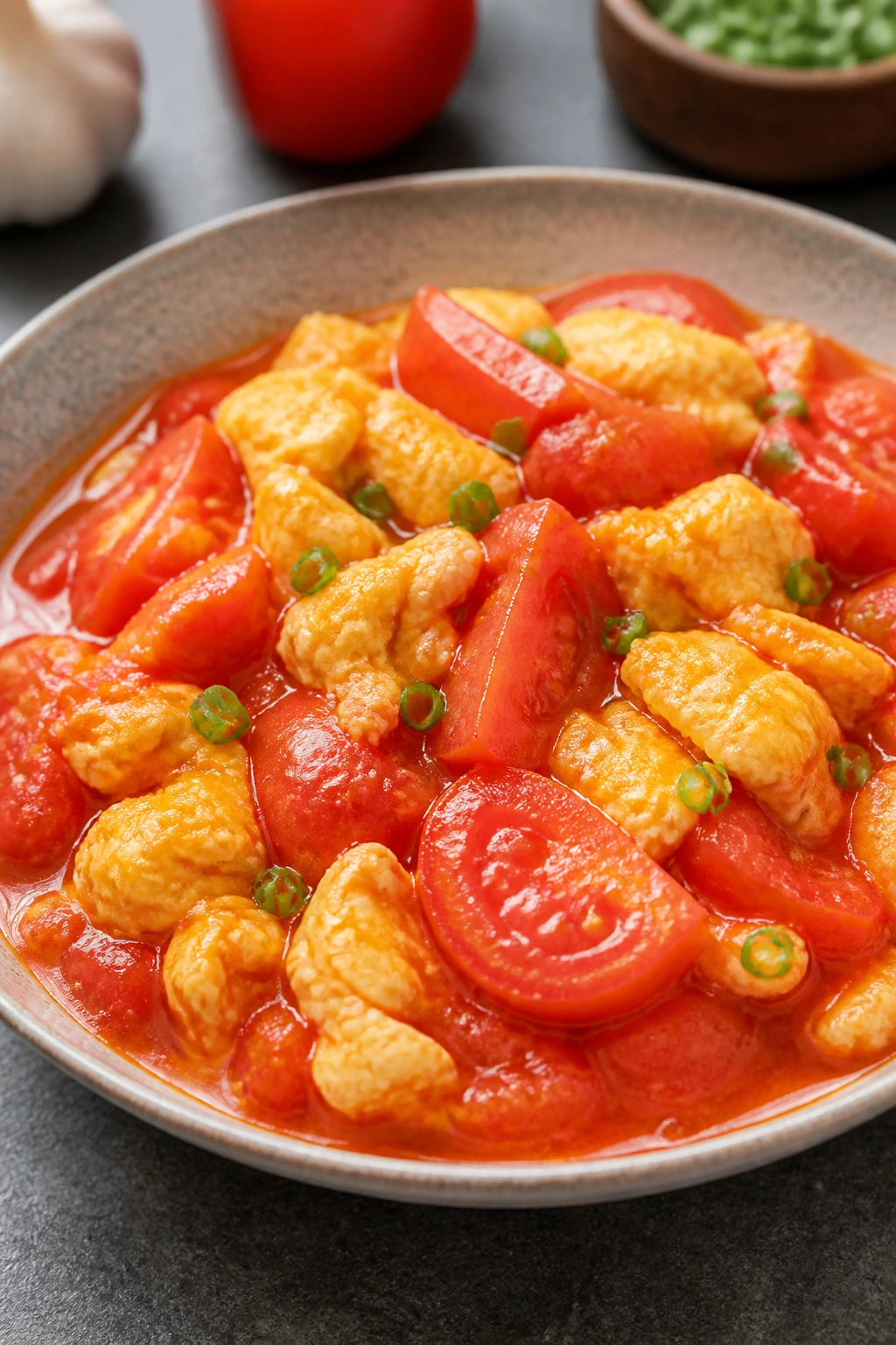 Tomato and eggs stir-fry in glossy sauce