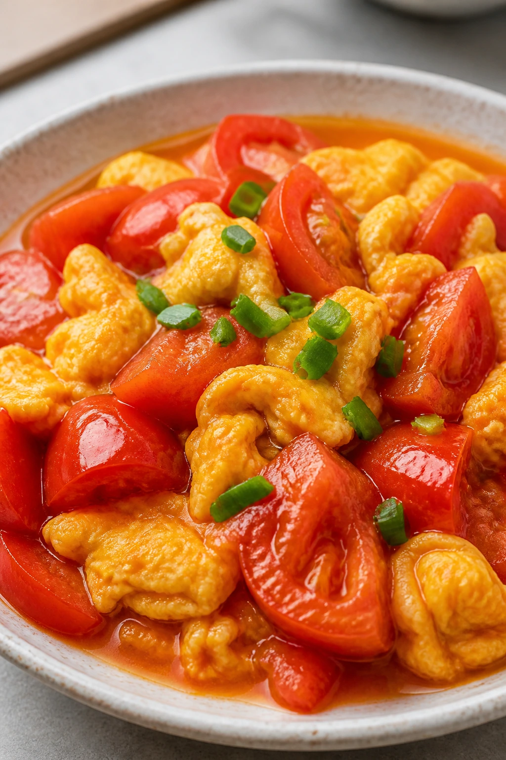 Close-up tomato and egg stir-fry on a plate