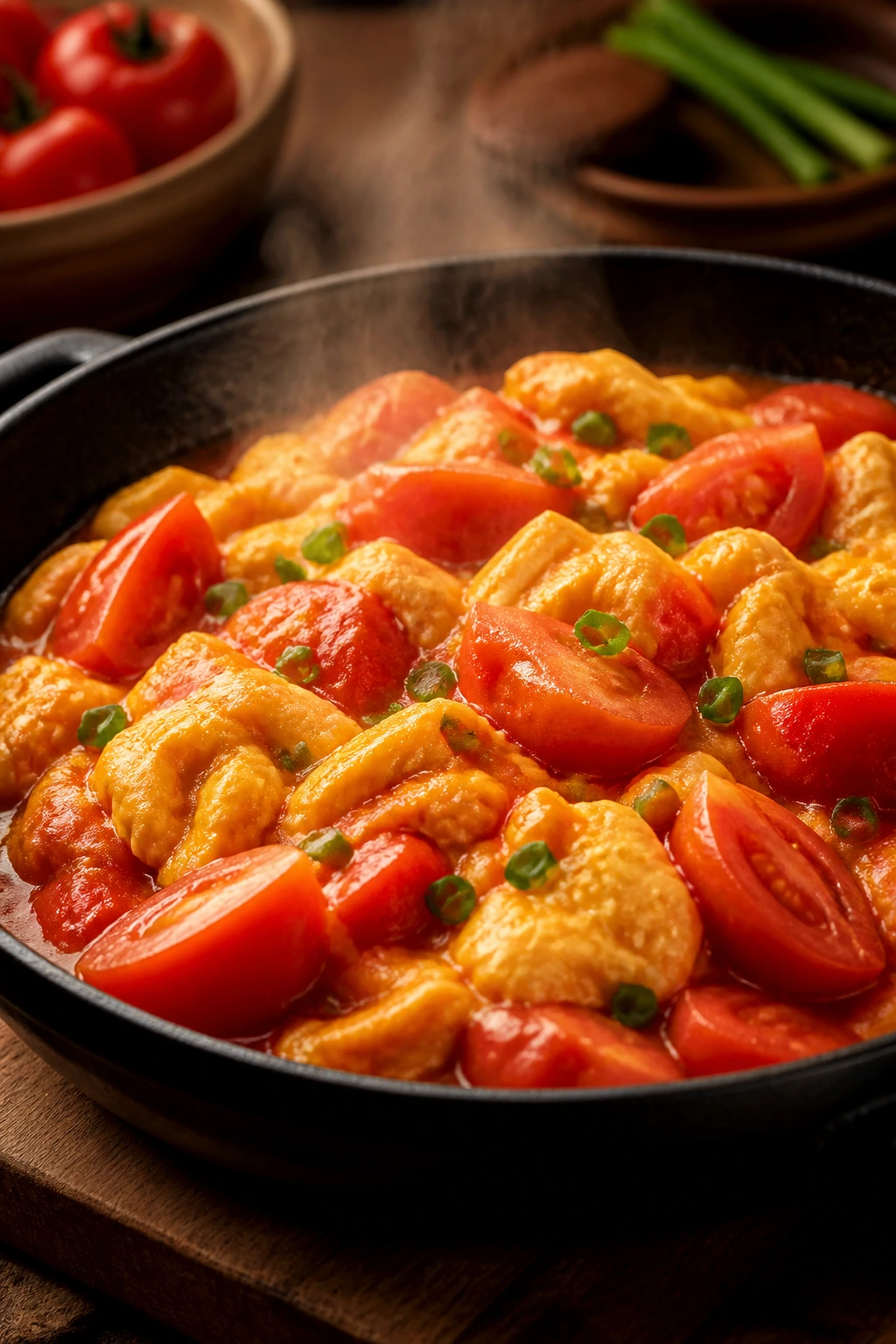 Close-up of tomato and egg stir-fry in a skillet with glossy sauce
