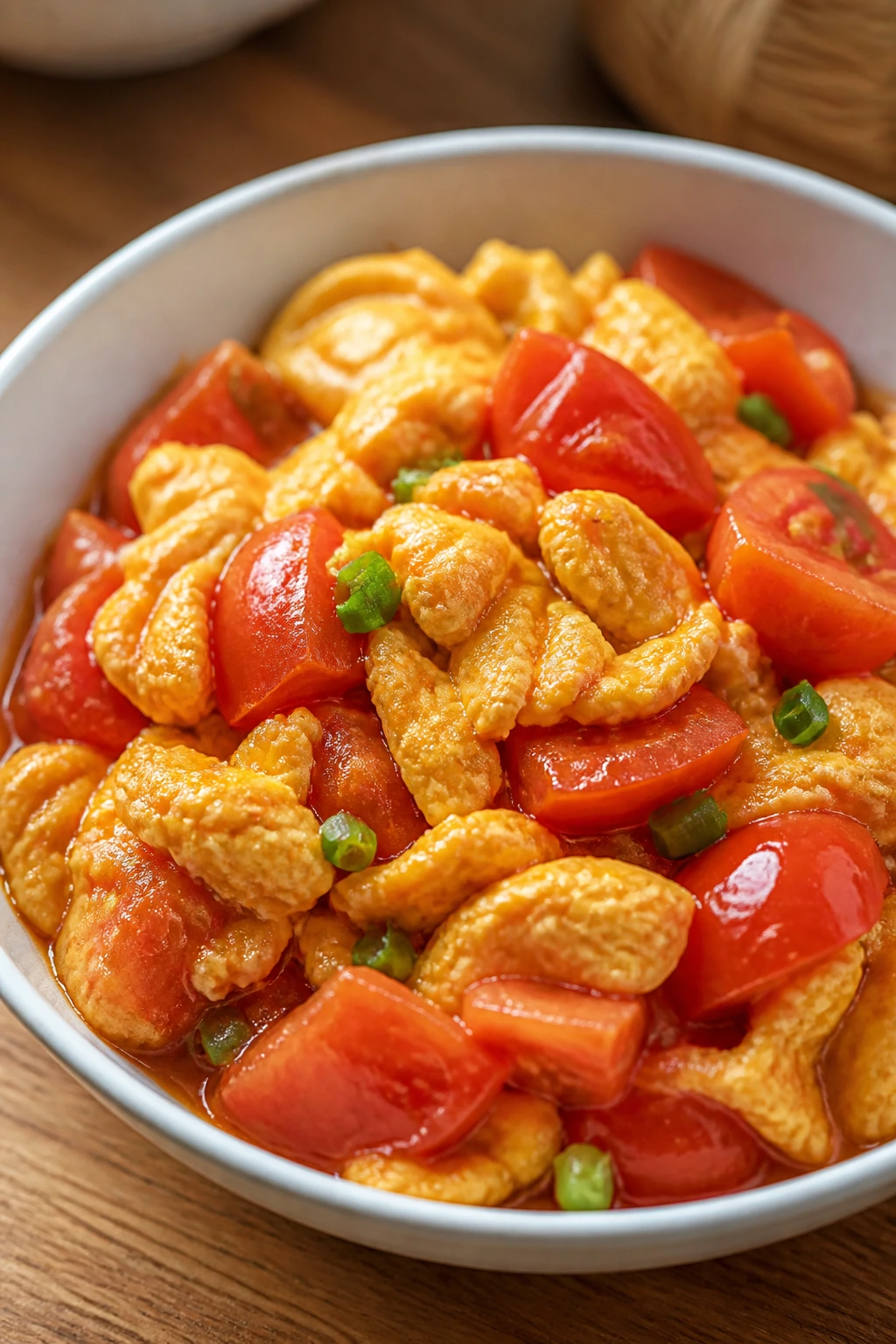 Close-up of tomato and egg stir-fry in a white bowl