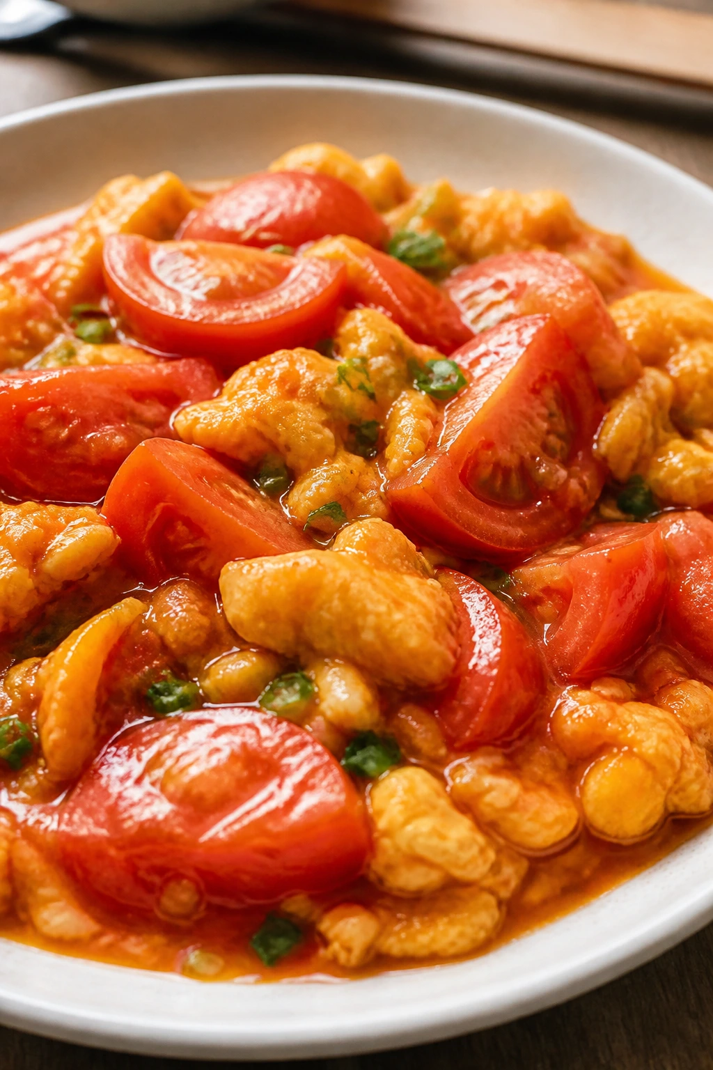 Close-up of tomato and egg stir-fry with bright tomatoes and fluffy eggs on a plate