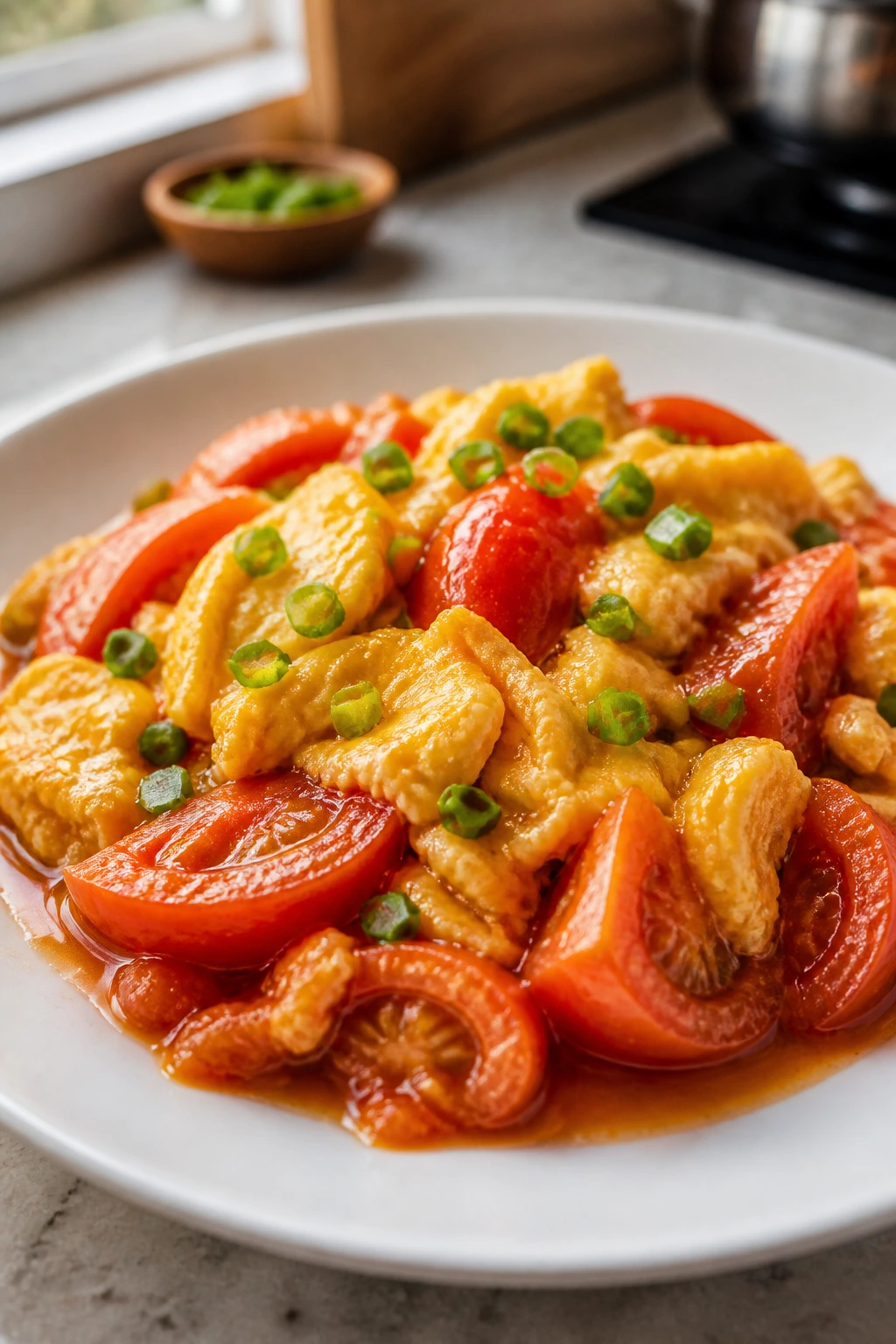 Close-up of Tomato Egg Stir-Fry with eggs and tomatoes in glossy sauce on plate