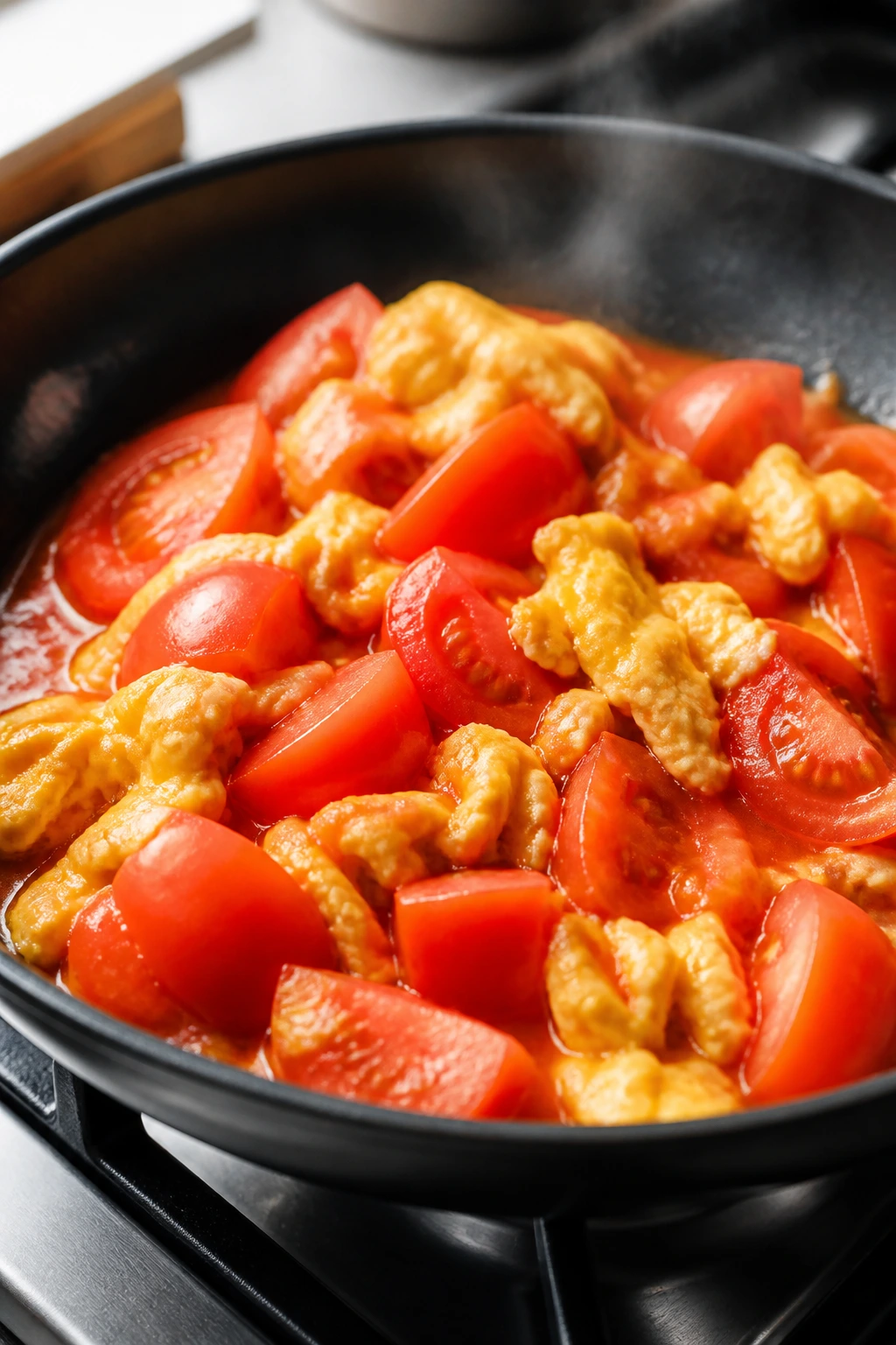 Close-up of tomato and egg stir-fry in a skillet