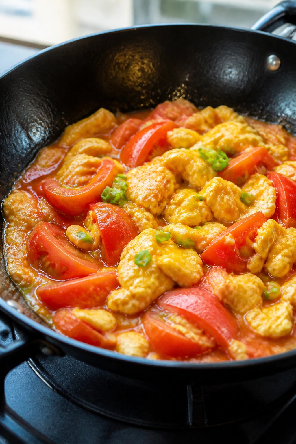 Close-up of tomato and egg stir-fry in glossy sauce