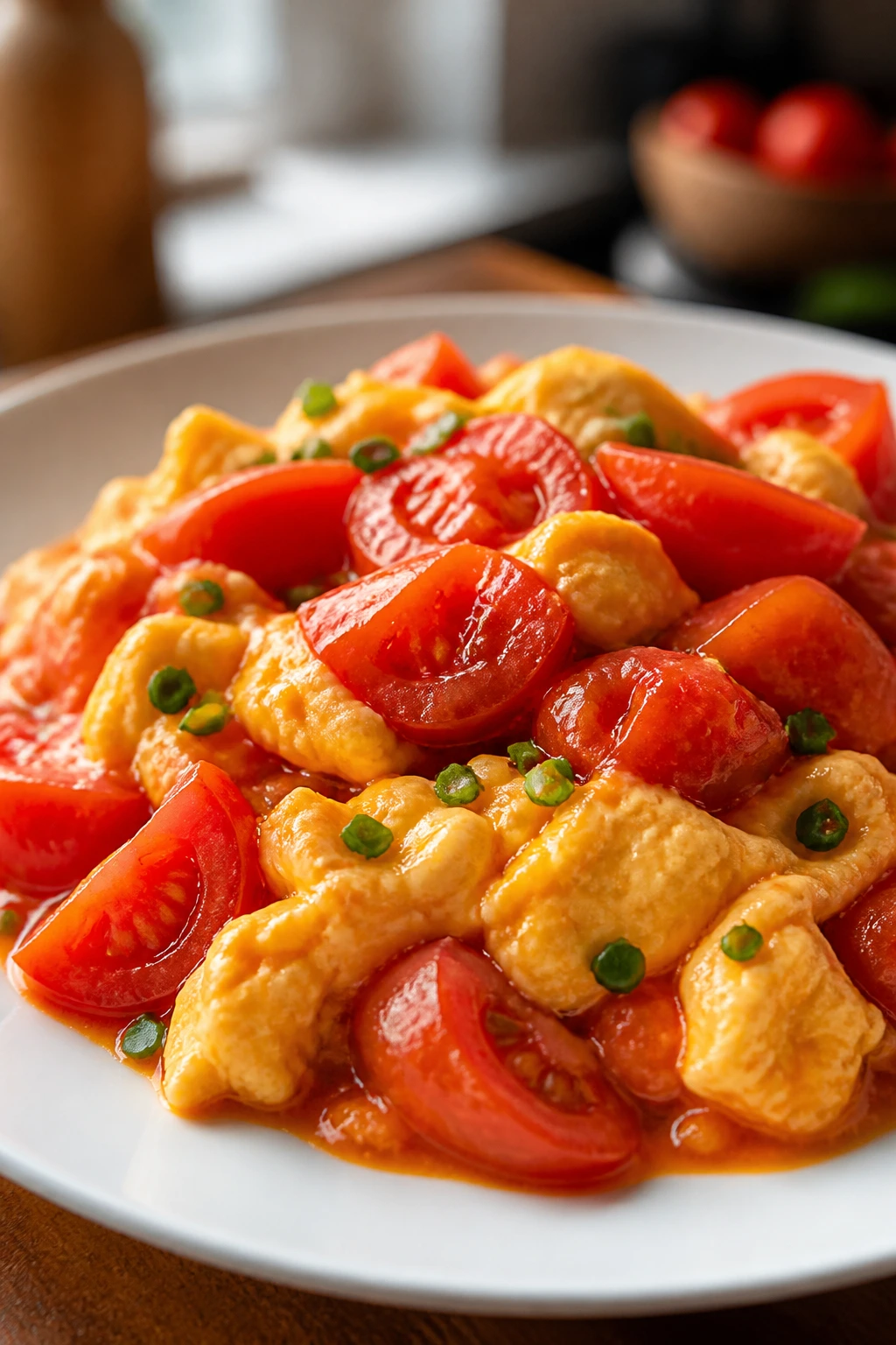 Close-up of Chinese Tomato Egg Stir-Fry with custardy eggs and tomatoes on a plate