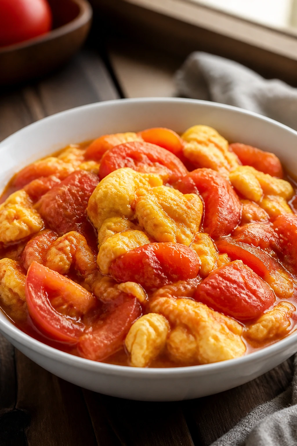 Close-up of Chinese tomato egg stir fry in a glossy red sauce