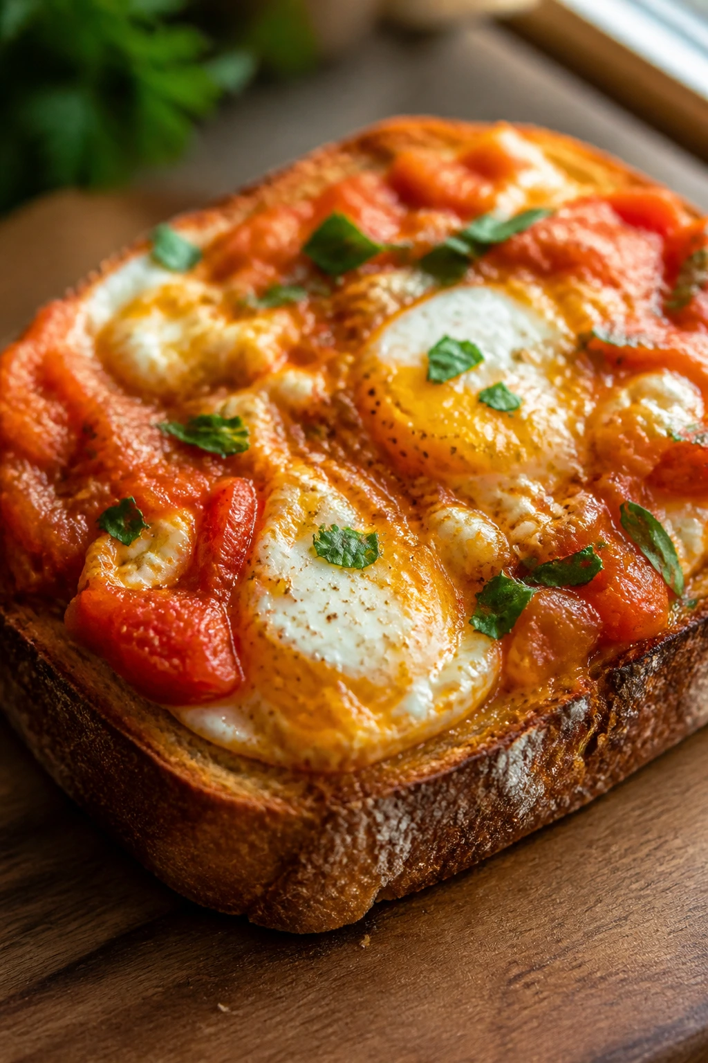 Tomato eggs on toast close-up
