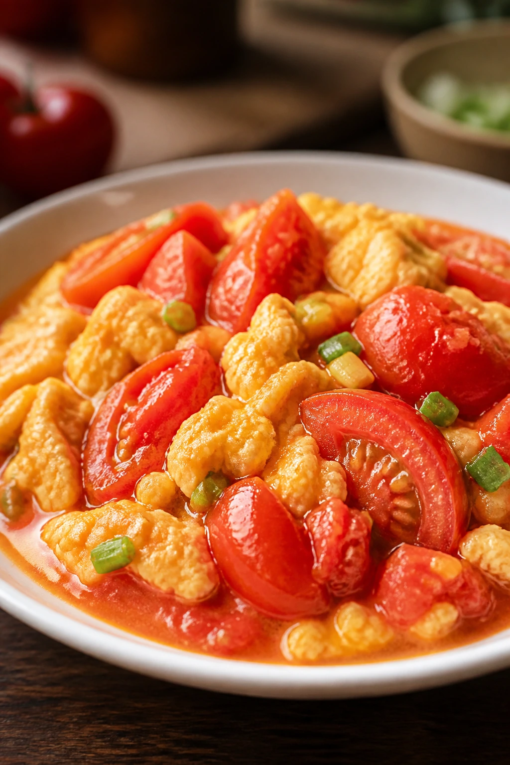Plate of tomato egg stir-fry with glossy sauce