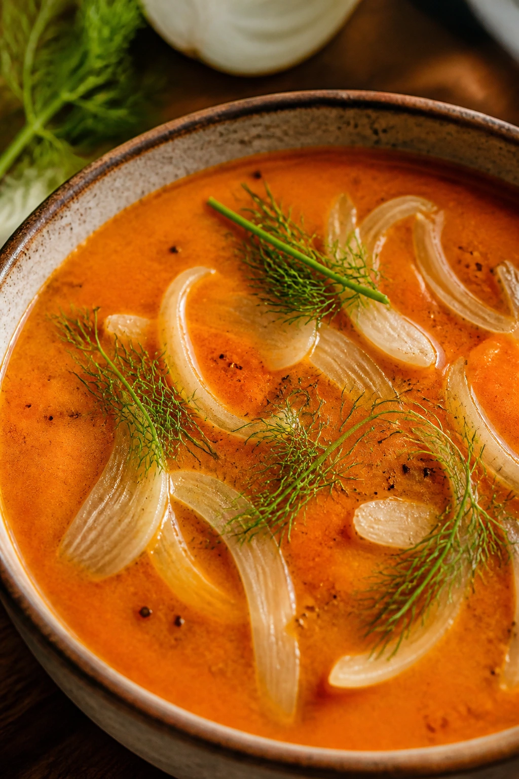 Close-up of tomato fennel soup with fennel slices in broth