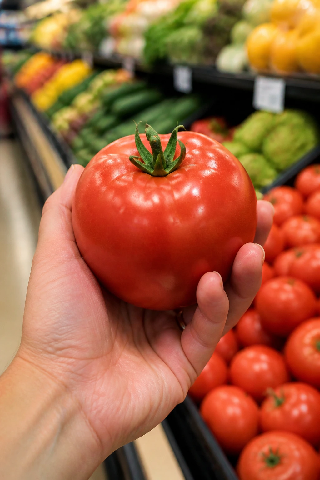 Ripe tomato held in hand in grocery store produce section.