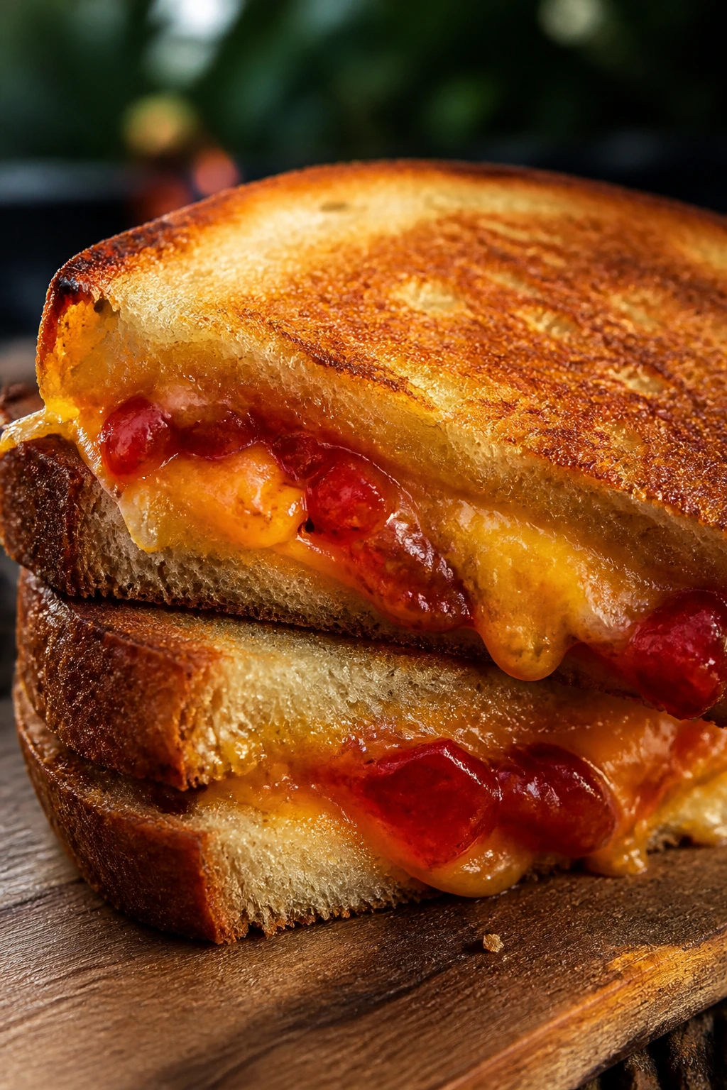 Close-up of tomato jam and sharp cheddar grilled cheese on sourdough