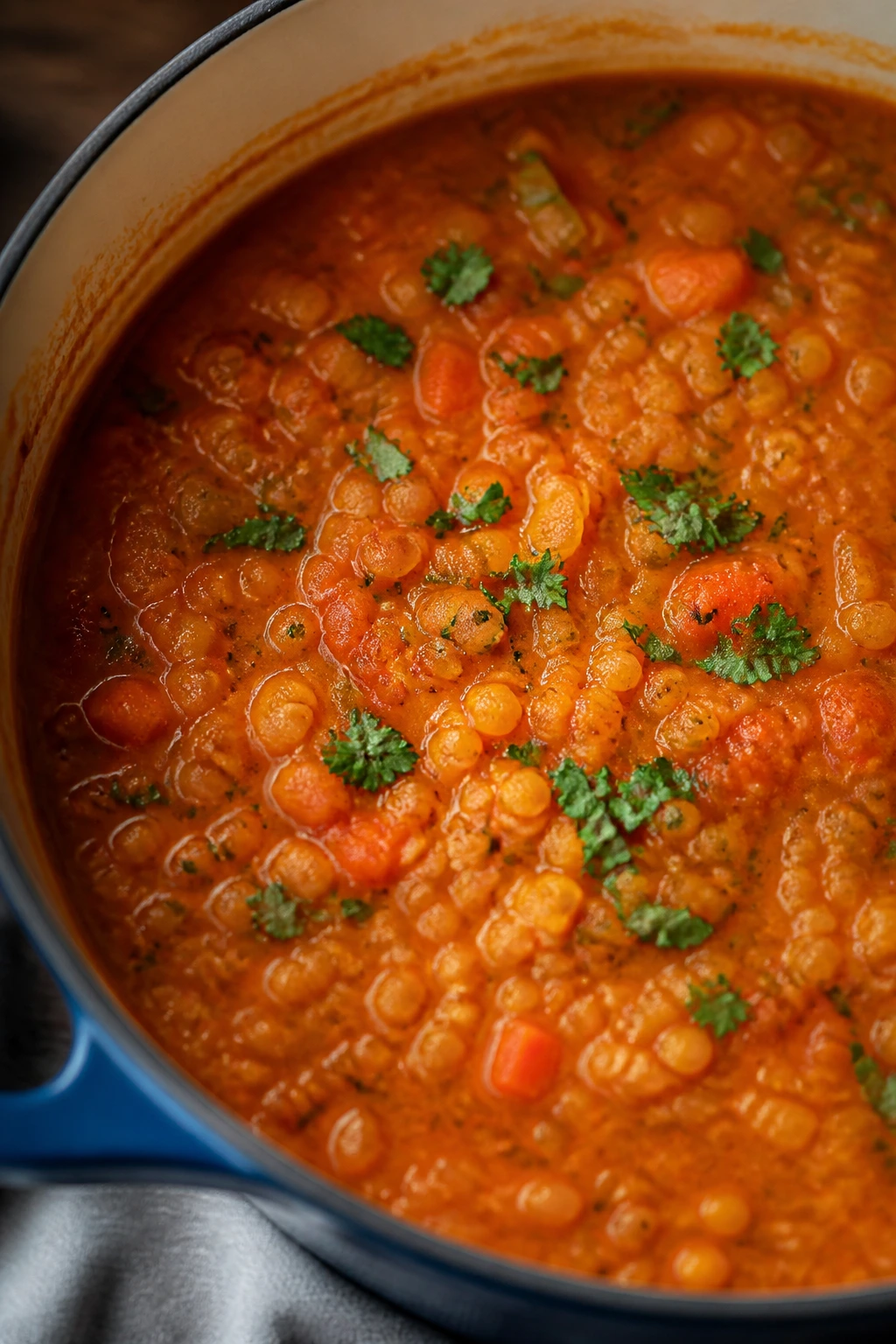 Close-up of Tomato Lentil Soup with visible lentils