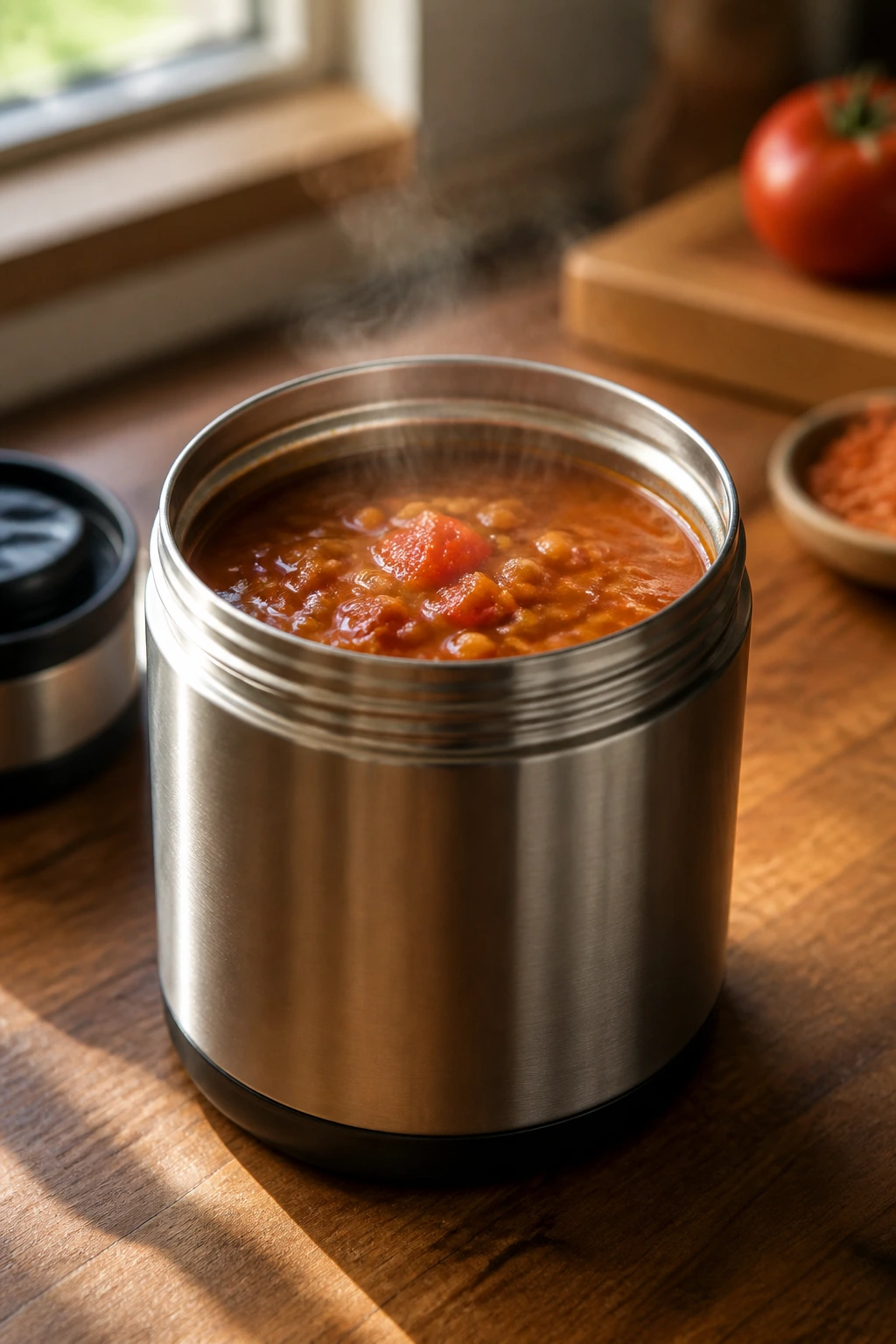 Close-up of a thermos with tomato lentil soup on a wooden counter