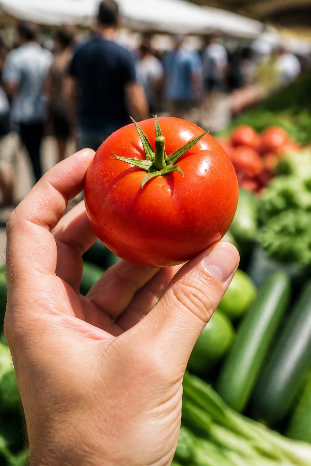 Close-up of a ripe tomato held in hand with market background suggesting smart shopping tips